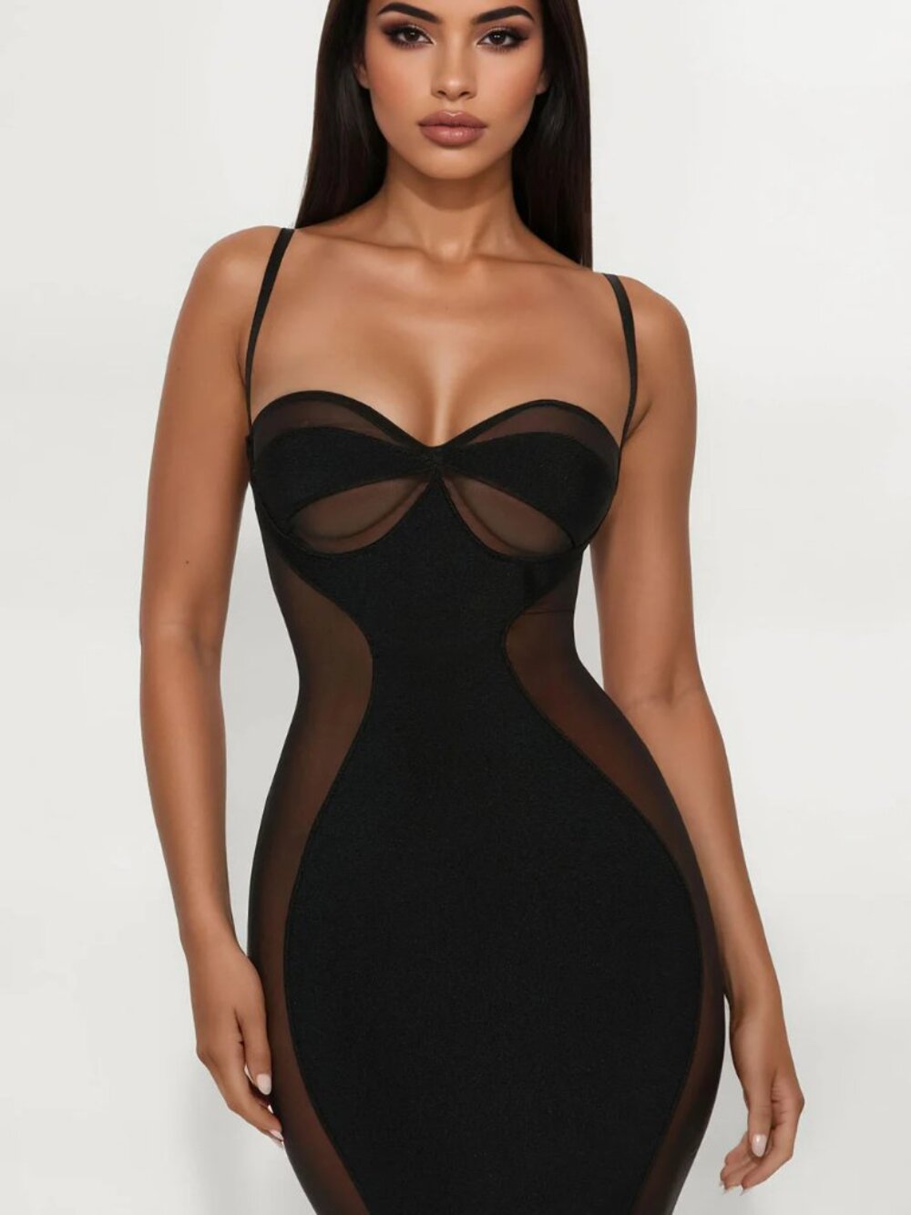 Sheer Mesh Bandage Midi Dress - Black, Small